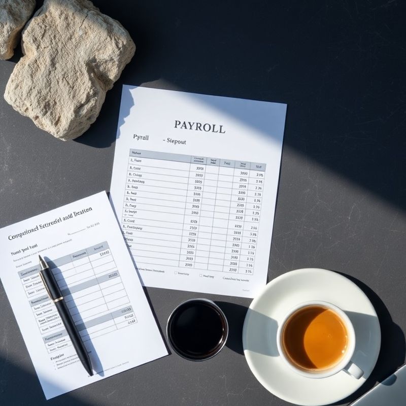 Izpisek plačilne liste, pisalo in kavna skodelica